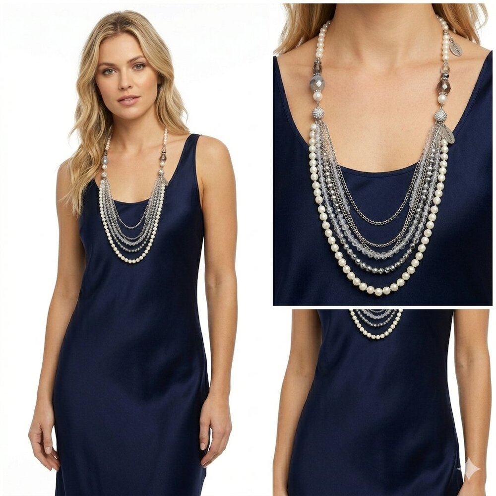 Ali Khan 7-Strand Pearl & Clear Glass Necklace with gift box